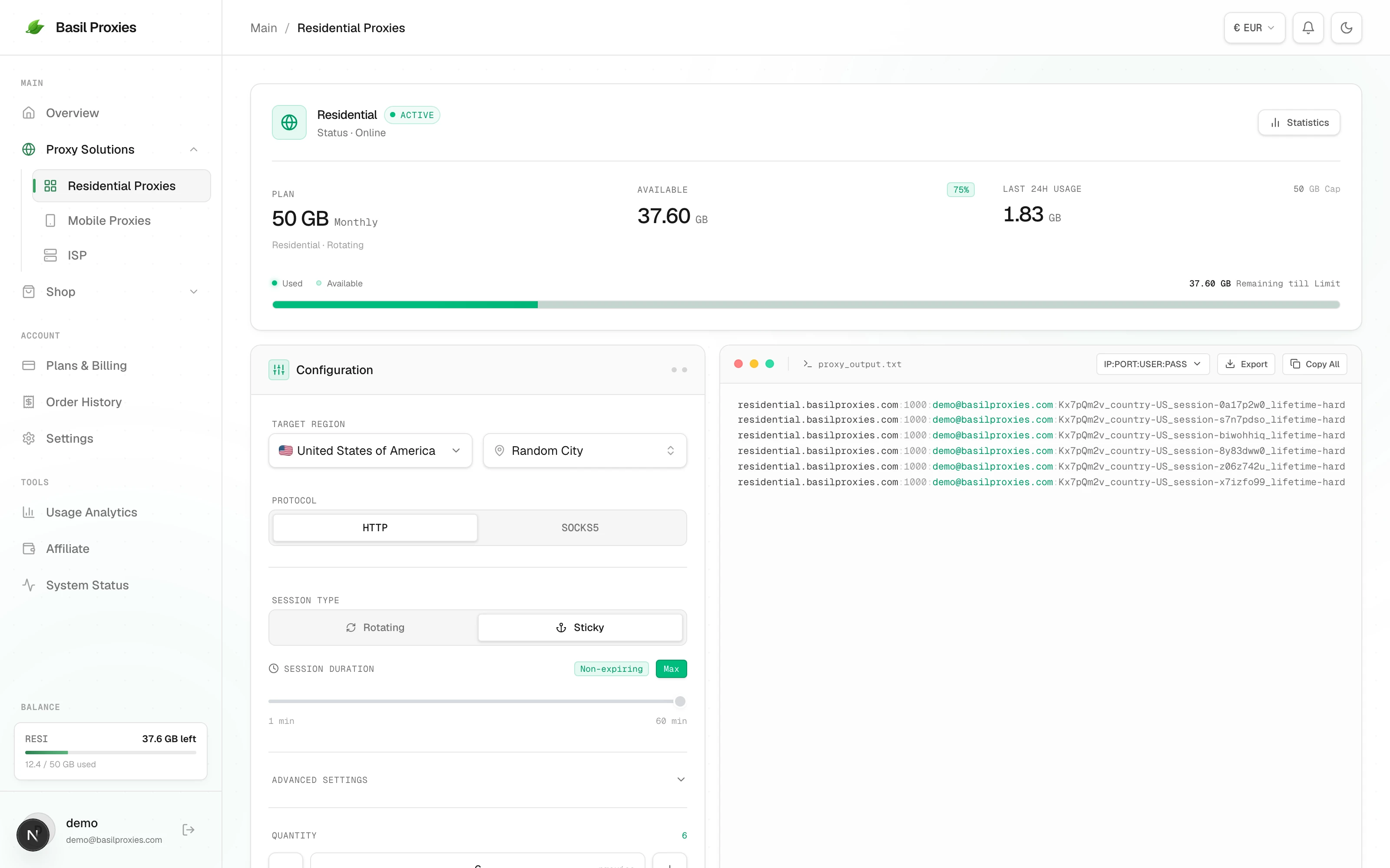 The Basil Proxies dashboard on the Residential page, with the configuration panel on the left and generated proxy strings on the right.