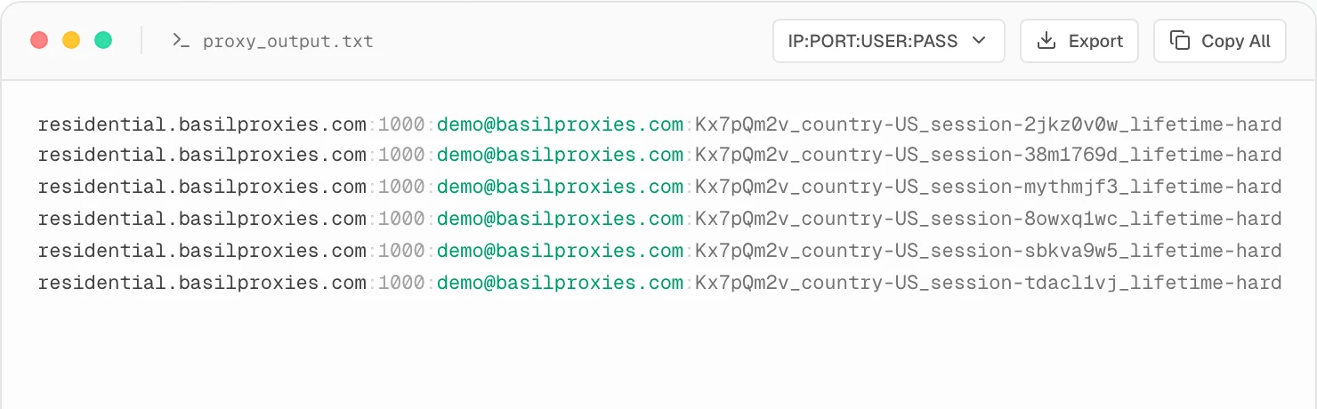 Generated proxy strings, each ending in an eight-character session id followed by the lifetime-hard flag.