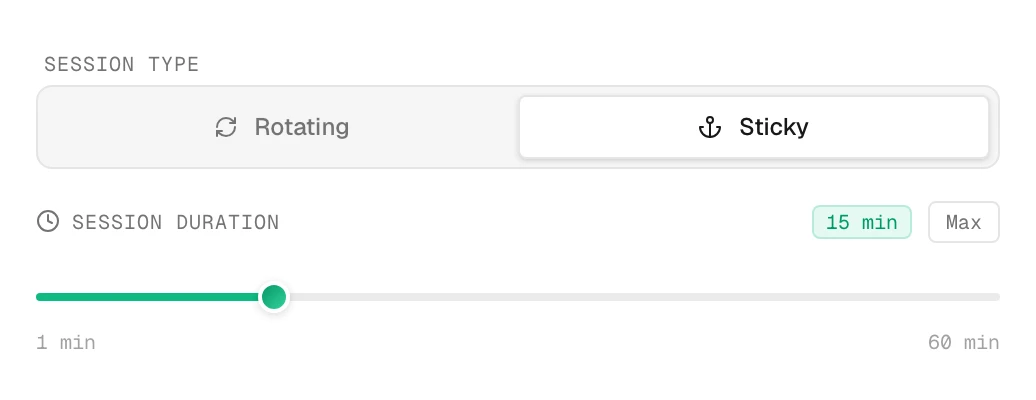 The Session Type control set to Sticky, with the session-duration slider at 15 minutes.