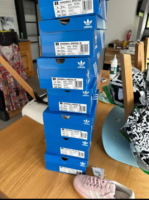 A tower of Adidas Handball Spezial boxes