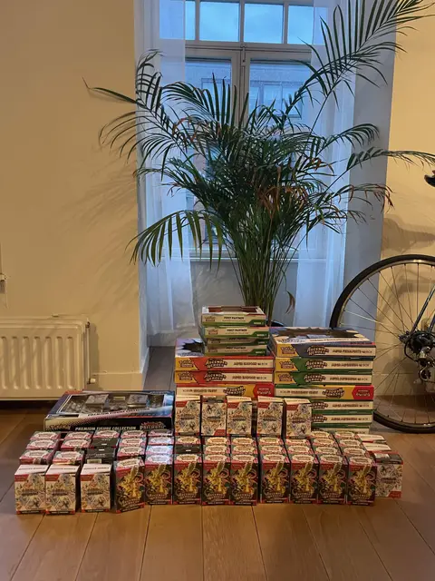 A Pokémon TCG haul laid out under a window: booster boxes, bundles, ETBs